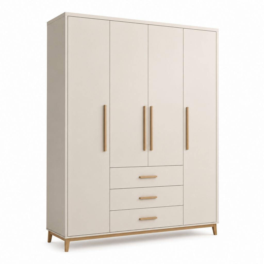 Armadio guardaroba 4 ante con 3 cassetti avorio in truciolare nobilitato rettangolare 180 x 55 x 200 cm