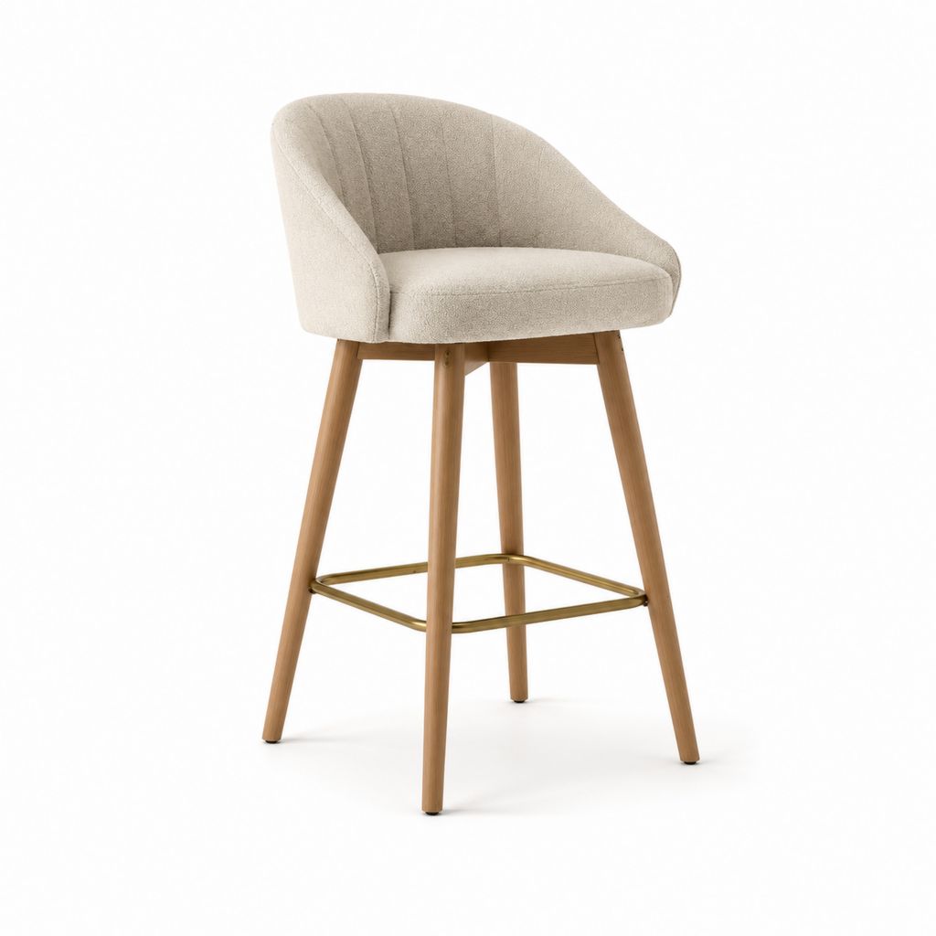Sgabello da bar con schienale beige in poliestere bouclé e legno massello 55 x 55 x 105 cm