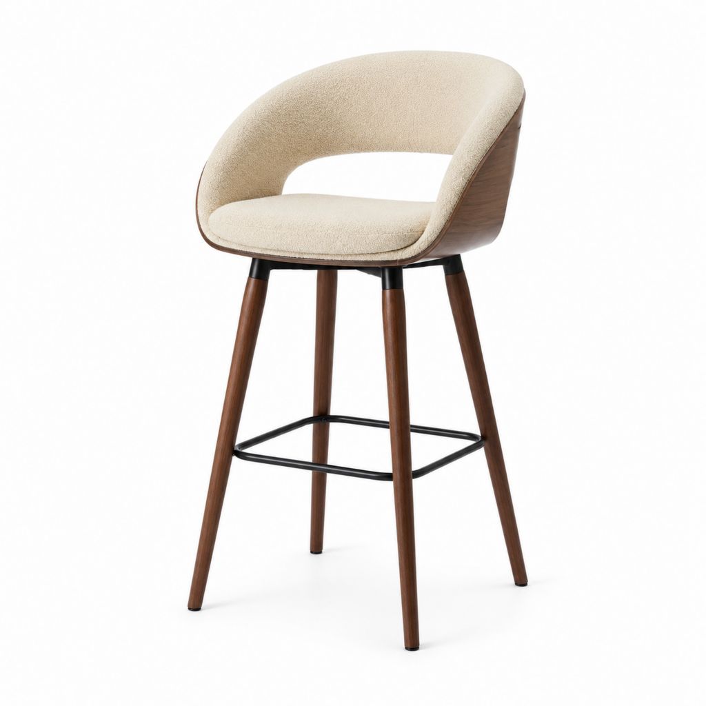 Sgabello da bar con schienale beige in poliestere bouclé e legno massello noce 55 x 54 x 100 cm