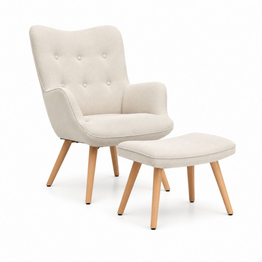 Poltrona con poggiapiedi beige in poliestere e legno massello 74 x 78 x 101 cm