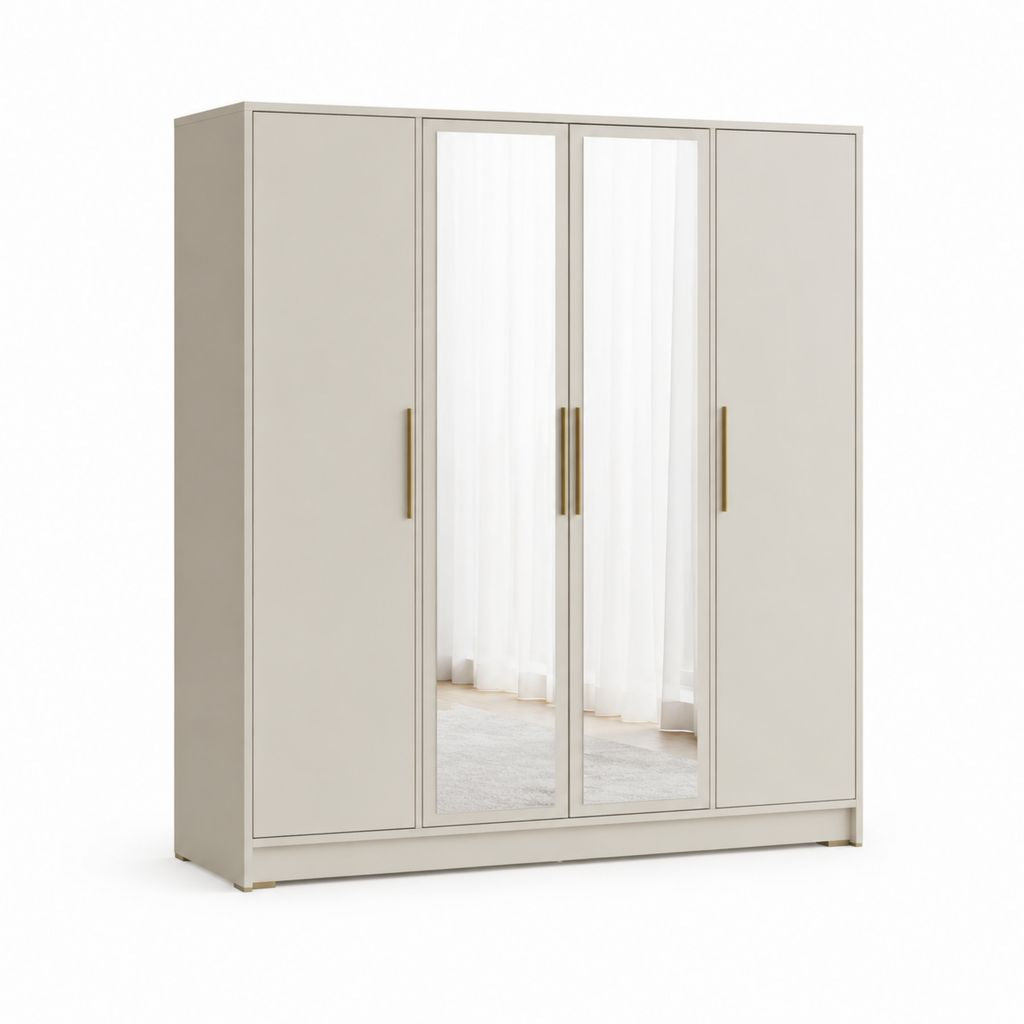 Armadio guardaroba 4 ante battenti crema in pannello truciolare nobilitato con 2 specchi 180 x 52 x 200 cm