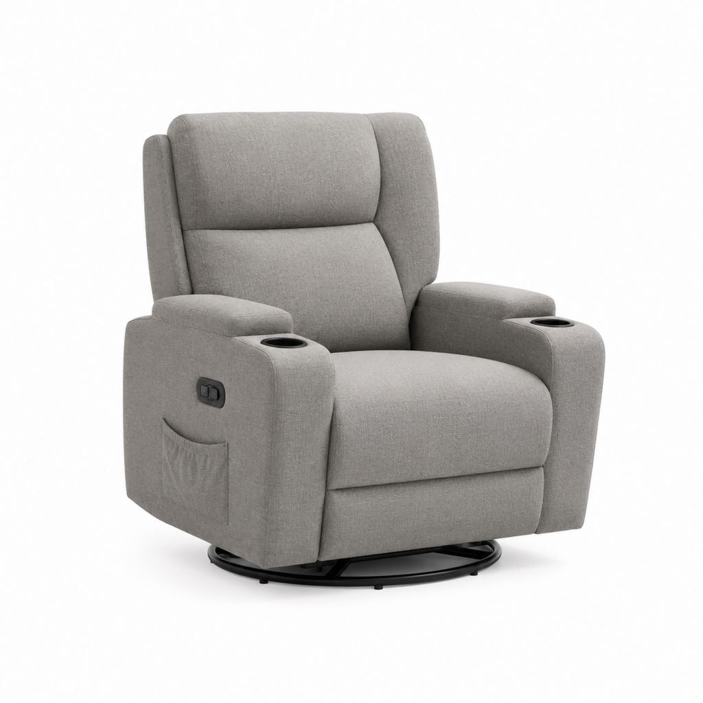 Poltrona relax reclinabile girevole grigia in poliestere con portabicchieri 90 x 92 x 103 cm