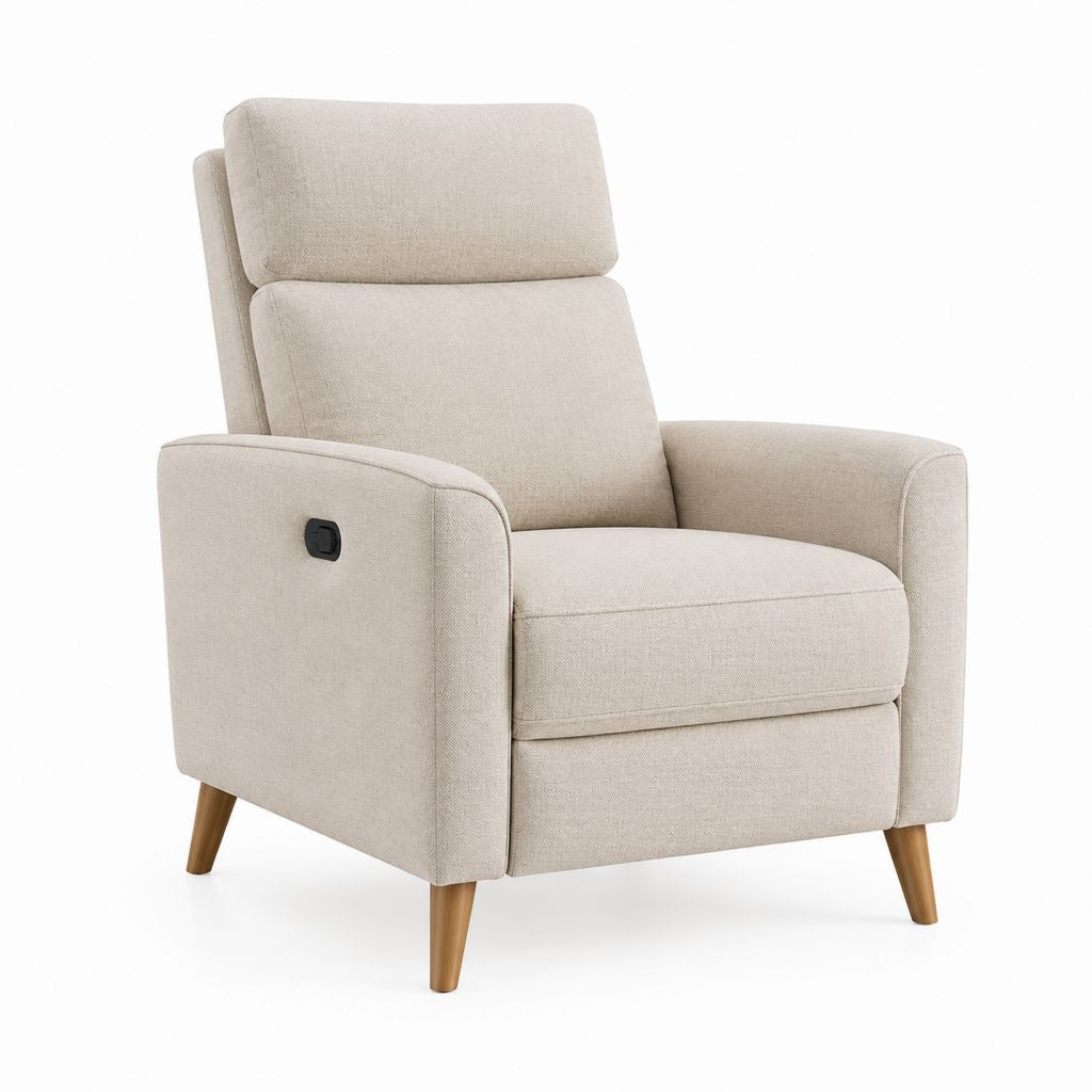 Poltrona reclinabile manuale beige in poliestere con gambe in legno massello 84 x 92 x 104 cm
