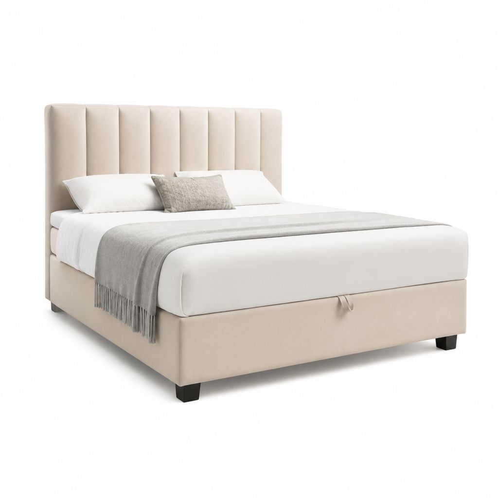 Letto contenitore matrimoniale con rete a molle beige in poliestere effetto velluto rettangolare 160 x 200 cm