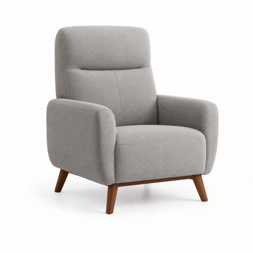 Poltrona soggiorno imbottita grigia in poliestere con gambe in legno massello 78 x 85 x 102 cm