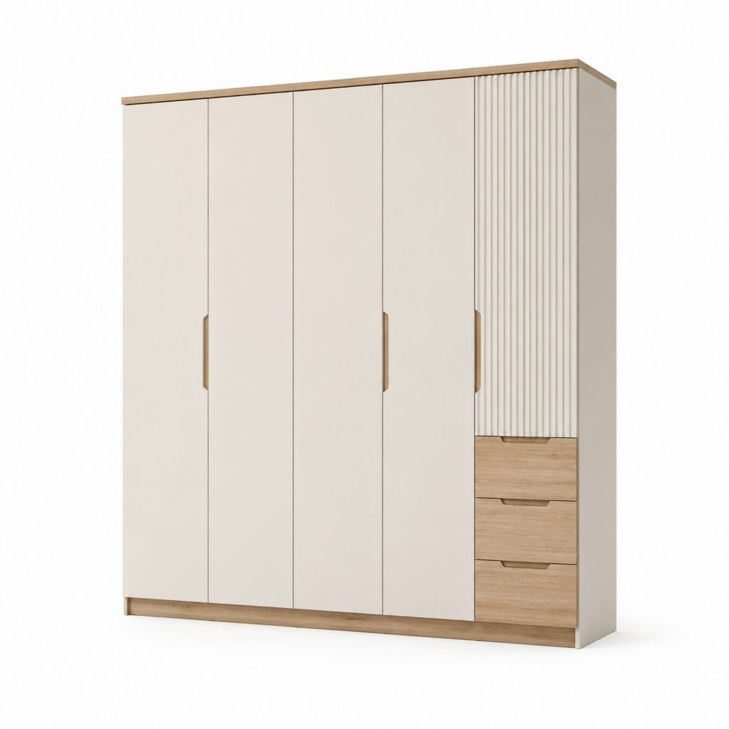 Armadio guardaroba 4 ante con cassetti beige e rovere in pannello truciolare 200 x 60 x 220 cm