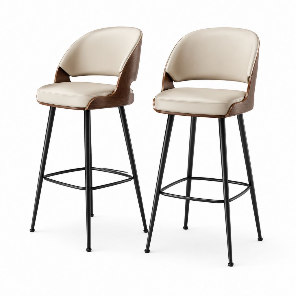 Set 2 sgabelli da bar beige in PU con struttura effetto noce e gambe in acciaio 50 x 53 x 100 cm
