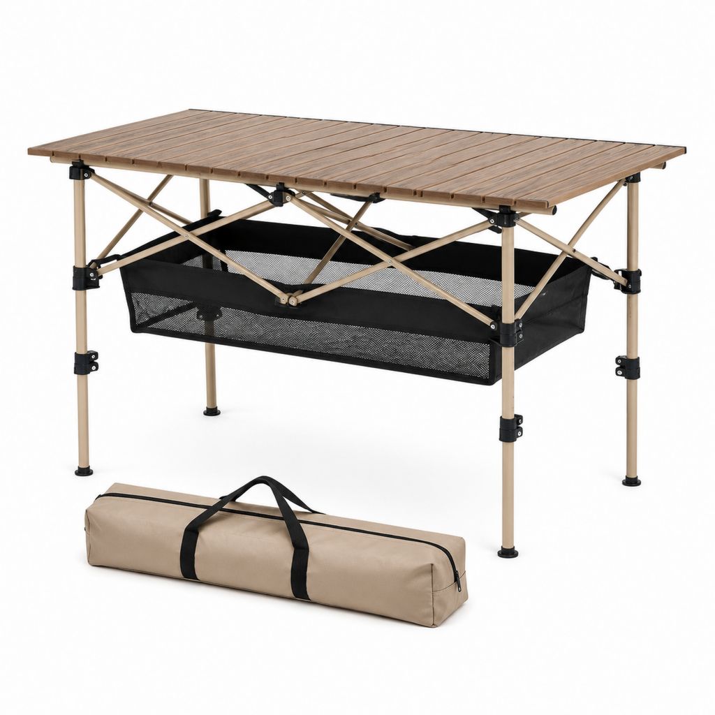 Tavolo da campeggio pieghevole rettangolare marrone in lega di alluminio con ripiano in rete 120 x 60 x 70 cm