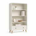 Libreria a 4 ripiani con cassetto bianco in MDF e gambe in legno massello 80 x 35 x 180 cm