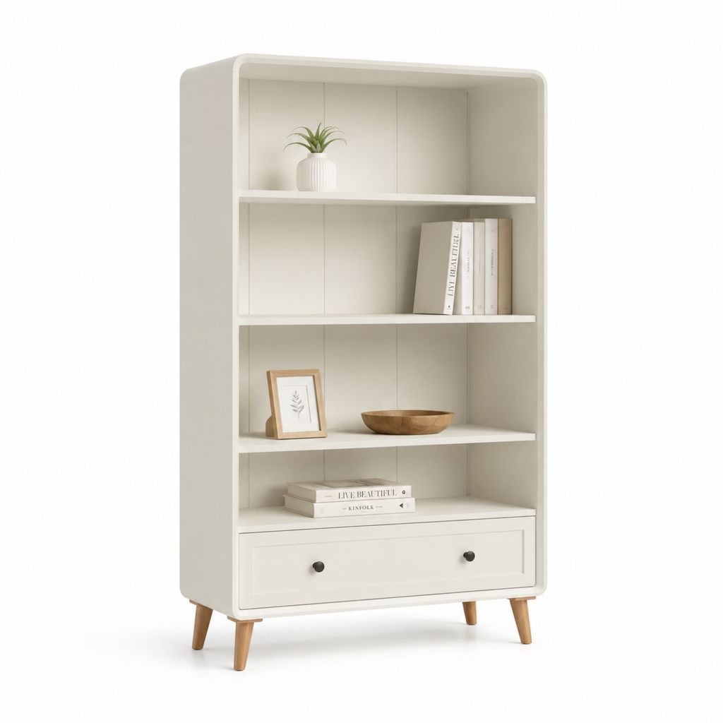 Libreria a 4 ripiani con cassetto bianco in MDF e gambe in legno massello 80 x 35 x 180 cm