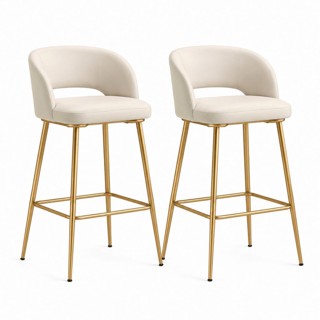 Set 2 Sgabelli da Bar Beige in PU con Struttura in Acciaio Dorato 48 x 53 x 94 cm