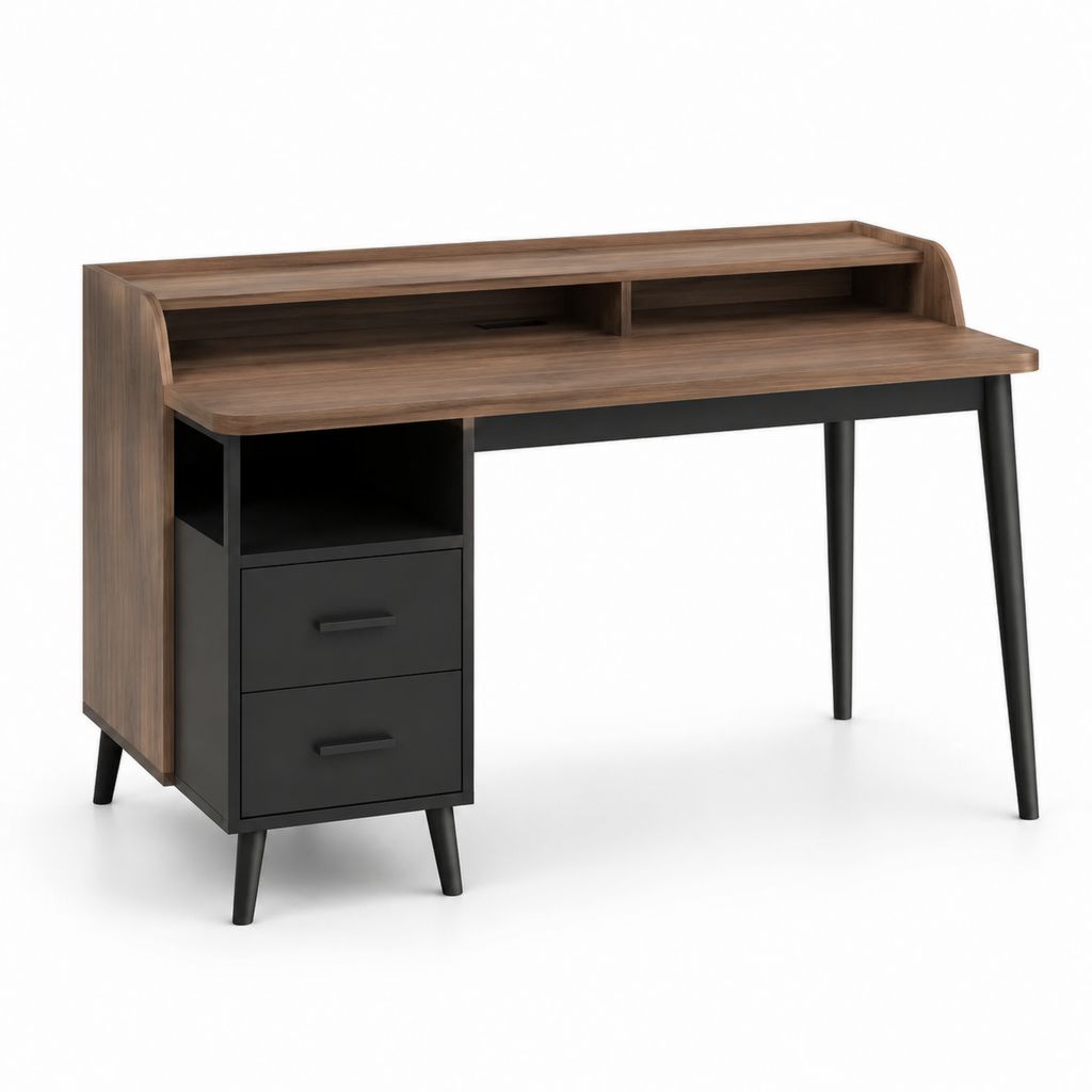 Scrivania per computer rettangolare noce e nero in pannello truciolare e acciaio 120 x 60 x 90 cm con 2 cassetti