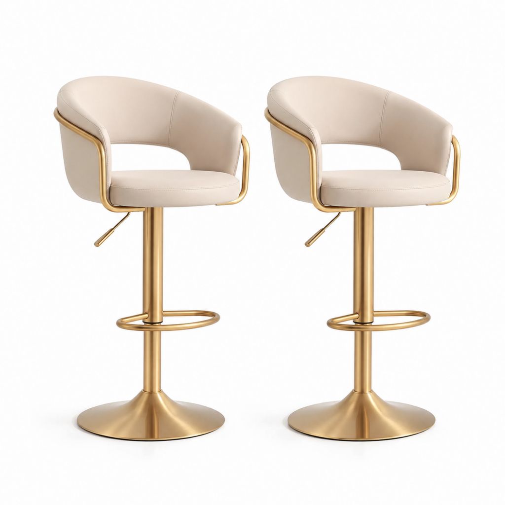 Set di 2 sgabelli da bar regolabili beige in pelle PU con base rotonda dorata 52 x 50 x 88-108 cm