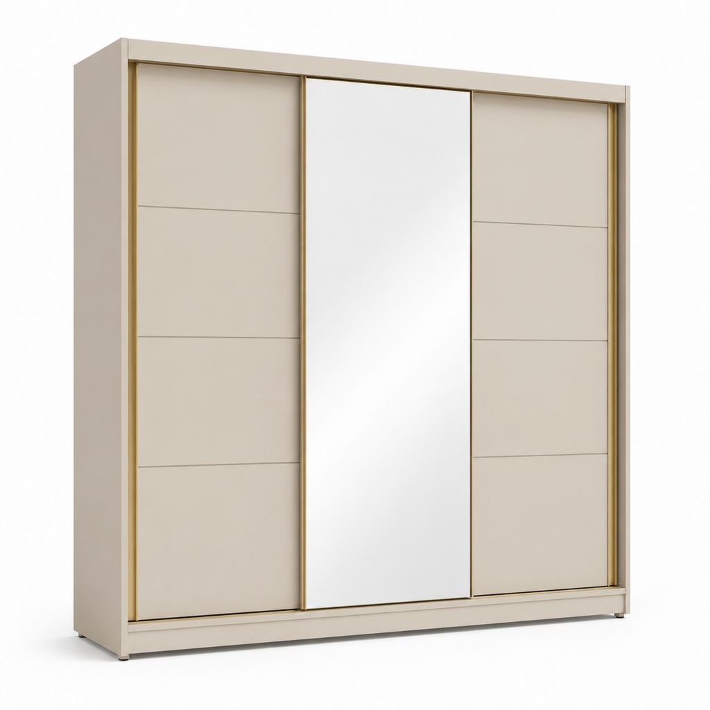 Armadio guardaroba rettangolare beige in pannello truciolare con 3 ante scorrevoli e specchio 180 x 60 x 220 cm