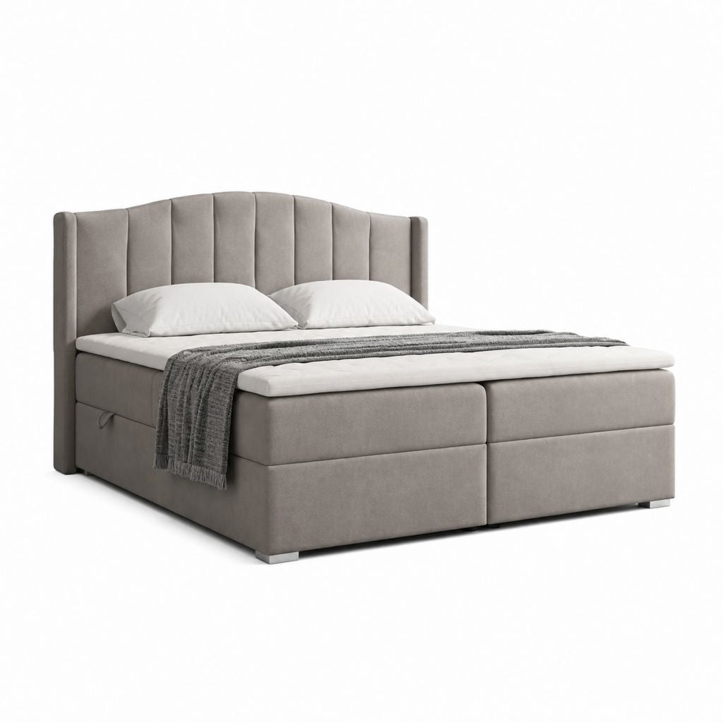 Letto boxspring matrimoniale grigio in velluto di poliestere con materasso a molle 180 x 200 cm